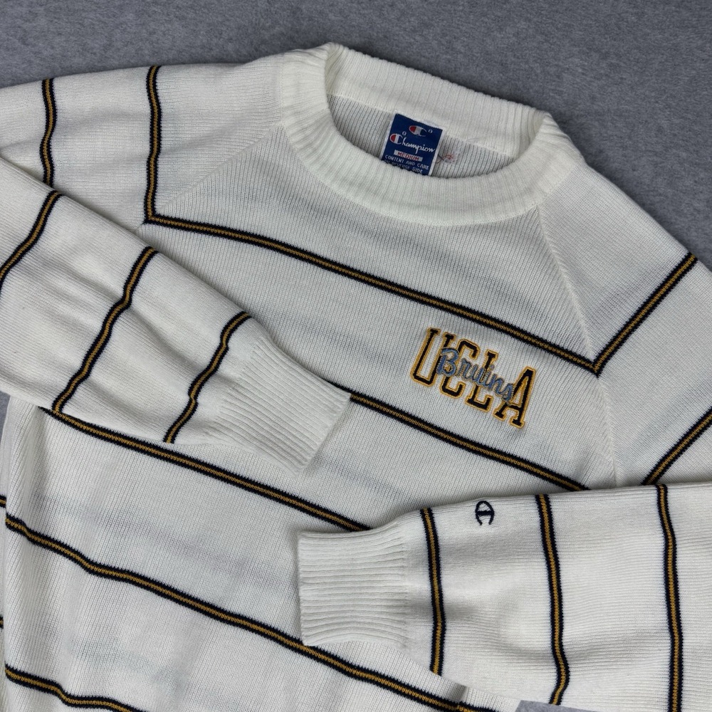 Vintage Champion 80s UCLA Bruins Cream Striped Knit Sweater Size Medium